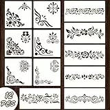 Qpout 12 Pezzi Stencil per Bordi di Fiori per Pittura, Stencil di Bordi per Disegno di Totem Tribale Fiore per Dipingere su Parete Mobili in Legno Pannello in Porcellana Wallpaper, Paper, Fabric