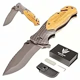 KING’S KNIFE Coltello Pieghevole a Serramanico da Caccia o Pesca in Acciaio Inossidabile e Manico in Legno - Coltellino Tascabile Multiuso, Custodia e Cote, Carbon Look