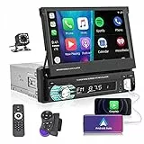 Podofo Autoradio 1 Din con Apple Carplay e Android Auto Stereo, 7 Pollici da Flip Out Schermo Auto Radio con Bluetooth, FM, AUX, USB,SWC, Collegamento Speculare + Telecamera di Backup