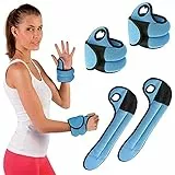 BAKAJI Set 2 Pesi per Polsi da 0,5 Kg Allenamento Palestra Aerobica Fitness Potenziamento Muscolare in Tessuto Neoprene con Foro per Pollice Chiusura Strappo Regolabile Peso Totale 1 Kg Azzurro