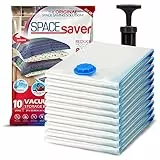 Spacesaver Premium Sacchetti Sottovuoto, 80% in più di Stoccaggio, Pompa a Mano per Viaggio, Doppia Chiusura, Tripla Valvola Turbo-Guarnizione per il Massimo Risparmio di Spazio-Grandi 10 Pezzi