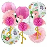 LEMESO 10 pz Lanterne di Carta da Esterno, Kit Decorazioni per Feste, da Giardino Estate Fenicottero Ventilatori Pompons Lanterne Grandi da Appendere Stili Hawaii Rosa e Verde Party Nozze