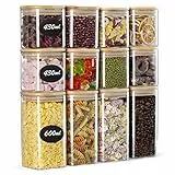 Do-Electr Set di 12 Barattoli di Cucina in Vetro con Coperchio in Bambù, 430ml/600ml Barattoli in Vetro-Lavabile in Lavastoviglie per Biscotti, Pasta, Cereali, Fagioli, Caffè, Tè, Spezie, Caramelle