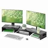 BONTEC Supporto per Doppio Monitor stand riser e per smartphone da tavolo , lunghezza regolabile e angolo di rotazione di legno desktop organizer