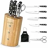 Set di 5 coltelli da cucina Forgé + forbici Master Class 8' + tassello in legno assh + grembiule nero in regalo (Serie Forgé + tassello + grembiule in regalo)