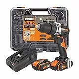 Trapano a Percussione senza Fili WORX NITRO 18 V (20 V MAX) WX352.4, PowerShare, Motore Brushless, 60 Nm, Controllo della Velocità Variabile, Luce LED, Set di Accessori da 75 pezzi, 2 Batterie 2,0 Ah