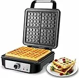 Piastra per Waffle, Tiastar Waffle Maker belga, Macchina per Waffle Quadrato Antiaderente a 4 fette, Piastra Waffle Anti-versamento con 5 Pulsanti di Doratura, 1200W, Indicatori luminosi