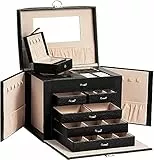 AdelDream Portagioie grande con serratura 5 ripiani con 5 cassetti e specchio per anelli orecchini collane e bracciali