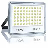 YIQIBRO Faretto LED da Esterno 50W, Faro LED Esterno IP67 Impermeabile Ultra Sottile Faretti LED, 5000LM 6500K Bianca Fredda Luce di Sicurezza per Giardino Cortile Garage Prato Magazzino Terrazza