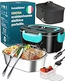 TRAVELISIMO Scaldavivande Elettrico Portatile 3 in 1 per Auto Camion e Ufficio 220V+12V+24V, Riscalda Il Cibo in Pochi Minuti, Porta Pranzo Portatile Doppio Voltaggio di Acciaio Inossidabile 1.5L 80W