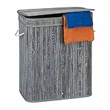 Relaxdays Cesto Portabiancheria con Coperchio, 2 Scomparti, Contenitore Panni, Traspirante, 95 Litri, Bambù, Grigio