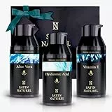 Set Trattamento Viso Antietà Uomo BIO 3x30ml - con Crema Idratante Viso Uomo, Gel Rinfrescante Occhi Uomo e Detergente Viso Uomo a base di Aloe Vera - Regalo Uomo Compleanno - Satin Naturel