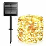 Bigzom Catena di luci a energia solare, per esterni, 24m, 240 LED, luce bianca calda, impermeabile, 8 modalità 1200 mAh, a batteria, decorazione per giardino, balcone, terrazza, cancello