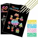 Vicloon Scratch Art, 50Pcs Scratch Art Paper per Bambini, Blocco da Disegno Arcobaleno Scratch Paper Set, Arcobaleno da Grattare Regali per Bambini con 5 Stilo in Legno e 4 Righelli Modello