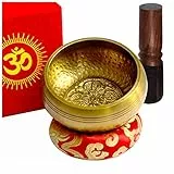 TARORO Campana Tibetana con 7 metalli, Ø12cm. Originale del Nepal. Fatta a mano. Set: cuscino di seta, battente, scatola di carta Lokta rossa. Ottimo per Meditazione, Chakra e Terapia del Suono