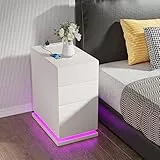 Lvhecforhm Comodino Stretto con illuminazione LED, Comodino con Stazione di Ricarica USB, Comodini Camera da Letto Moderni Bianco, Comodino con 3 Cassetti, Tavolo da Comodino Intelligente 50x30x63cm