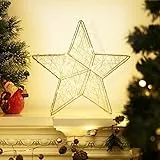Lewondr 30 cm Lampada Decorativa a Forma di Stella, Lampada Natalizia di Struttura Metallica Tridimensionale Decorata dalle 20 Lampadine a LED e dai Fili Opaci, Alimentazione a Due AA Pile, Oro