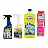 Ma-Fra Kit Trattamento Auto Interno ED Esterno. TRATTAMENTO 3IN1 TESSUTO- PLASTICHE- CAR WASH SHAMPOO E CERA, più 7 Panni Microfibra Multiuso 30x35 cm