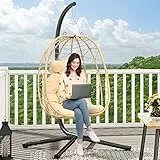 YITAHOME Sedia a Dondolo Sospesa, Carico Massimo 150 kg, Poltrona Sospesa da Giardino con Cuscino e Supporto, 195 x 120 x 108 cm Sedia Sospesa con Nido in Rattan per Interni ed Esterni, Beige