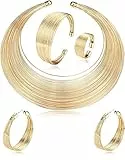 JeweBella 5Pezzi Collana Bib Dichiarazione Nazionale Africana Bracciale Donna Regolabile Polsini Bavaglino Aperto Parure Gioielli Moda Orecchini Cerchio Donna Anelli Oro/Argento Collane Gioielli