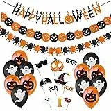 Jonami Decorazioni Halloween Casa - Festone Happy Halloween, Ghirlande di Zucche e Ragni, Foto Booth Props Halloween e Palloncini Neri Arancioni con Fantasmi