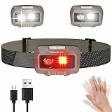 EverBrite Lampada Frontale LED Ricaricabile USB, Torcia Frontale 500 Lumen, 5 Modalità di Luce, Sensore di Movimento, Lampade da Testa con Angoli Regolabili a 45° per Campeggio, Corsa, Pesca (Cachi)