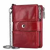 TEUEN Compagno Portafoglio Donna Vera Pelle Blocco RFID Portamonete Donne Cerniera 16 Slot Carte, Piccolo Portamonete Porta Carte Donne con Catena, Rosso, Petit