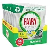 Fairy Platinum Pastiglie Lavastoviglie, Detersivo Lavastoviglie Brillantante, 84 Capsule Lavastoviglie, Limone, con Sistema Di Prelavaggio Integrato, Efficace nelle Sfide Difficili Contro lo Sporco