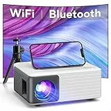 AKIYO Proiettore Portatile WiFi Bluetooth con Treppiede, Mini Proiettore Nativo 720P, 55000 Ore LED Home Video Proiettore, Compatibile con iOS Android Phone/PC/Tablet/TV Stick/HDMI