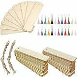 Set di 72 segnalibri in legno bianco fai da te, composti da 24 segnalibri rettangolari + 24 nappe colorate + 24 corde per un tocco artigianale unico. Ideali per decorare libri
