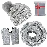 CheChury Cappelli Invernali Sciarpa e Guanti Set Cappello con Pompom Sciarpa Donna Cappelli da Donna Invernali Sciarpa Guanti Touch Screen Set Sciarpa 3 Pezzi，grigio，Taglia unica