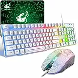 Tastiera e Mouse da Gioco, 104 Tasti Retroilluminazione Arcobaleno LED Tastiera, 4 Pulsanti 2400 DPI Mouse e Tappetino per Mouse, USB Cablato Compatibile con PS4 XBox(Necessario Adattatore) Bianca