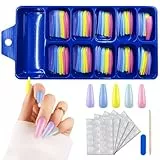 VZXQX 100 Pezzi Unghie Finte Adesive, Copertura Acrilico Completa Unghie Finte Lunghe French Colorate, Artificiale Unghie Finte Ballerina Medie con Adesivi per Ragazze Donne Halloween Natale Nail Art