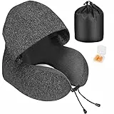 Eono Cuscino da Viaggio, Cuscino Collo Memory Foam, Cuscino Cervicale Viaggio con Cappuccio, Comodo Cuscino da Viaggio con Cappuccio per Aereo, Auto, Treno, Ufficio