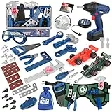 Vanplay Cassetta Attrezzi Bambini Attrezzi Giocattolo con Trapano Elettrico, Metro a Nastro, Auto di Montaggio, Attrezzi Lavoro STEM Regalo per Bambini Ragazzo Ragazza 3 4 5 6 7 8 Anni (87 Pezzi)