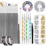 Kiiwah 31 Pezzi Kit per Nail Art, 15 Pennelli per Unghie, 5 Penne Punteggiate, 2 Catole Strass, 6 Nastri per Unghie Adesivi e Fiocchi di Lamina Oro & Argento con Pinzette per Decorazioni Unghie