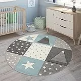 Paco Home Tappeto per Bambini per cameretta Color Pastello con Motivo in 3D di Nuvole e Stelle Arcobaleno, Dimensione:Ø 120 cm Tondo, Colore:Blu
