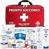 AIESI® Kit di Pronto Soccorso Professionale per auto casa viaggio barca moto trekking con TERMOMETRO e DISINFETTANTE, EASY AID KIT, Borsa di emergenza completa per medicazione, Made in Italy