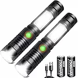 REHKITTZ Torcia LED Ricaricabile,Torcia Led Potente 2000 Lumens, COB LED Regolabile Portatile Torcia per Officina, Campeggio (Batteria Ricaricabile & Base Magnetica Compresa)(Confezione da 2)
