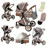 YAZOCO Passeggino Trio, 3 in 1 Carrozzina Multifunzionale Carrozzina Ovetto Pieghevole Set Passeggino Neonato Sedili Parapiedi Zanzariere (Cachi)