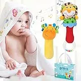 Giocattolo Sonaglio Neonati, 2 Pezzi Peluche Rattle Strumenti Musicali Sensoriale di Peluche Carino con Anelli per Massaggiagengive Molari per Bambino Baby 0 3 6 9 12 Mesi (Leone + Giraffa)