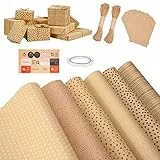 Carta da Regalo Kraft 6 Fogli 70x50cm Riciclata Carta da Imballaggio con Autocollants + Corde + Etichetta Vintage Carta Da Pacchi per Compleanno, Natale, Anniversari