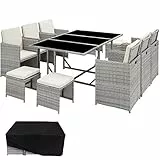 TecTake 800821 Set di Mobili Poli Rattan, Arredamento da Giardino, 6x Sedie 1x Tavolo con 3 Lastre di Vetro 4x Sgabelli, Involucro Protettivo, Nuovo (Grigio Chiaro)