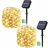Geemoo 2 Pezzi Luci Esterno Solare 15M 150 LED, Catena Luminosa di Filo di Rame, Luci Stringa Energia Solare, 8 Modalità, Luci Natale Decorative per Giardino Natalizie Albero (Bianco Caldo)