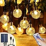 Catena Luminosa Solare Esterno & USB 17M 100 Led, Stringa Luce Impermeabile IP65, con 8 Modalità, Lucine Decorative Cristallo per Giardino con Telecomando (Bianco Caldo)