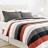 Amazon Basics - Set di biancheria da letto in microfibra leggera, 7 pezzi, con motivo a righe rosse