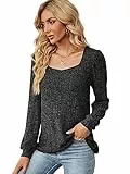 Maglietta Donna Manica Lunga Camicia a Maniche Lunghe con Scollo Quadrato alla Moda, Maglione Donna Invernale Elegante, Bluse Casual per l'Autunno Inverno, Nero, M