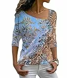 ORANDESIGNE Maglietta con Scollo a V Inclinato Donna Camicia Manica Lunga Maglia T-Shirt Elegante Bluse Maglietta Floreale Stampato Basic Tee Shirt Casual Primavera Estate C Blu L