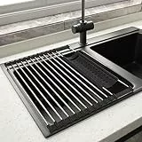 GOOPOOL Scolapiatti da Lavello Appoggio Scolapiatti Rastrelliera Pieghevole e Rimovibile di Asciugatura del Rotolo Dell'acciaio Inossidabile 43CM*35CM Nero