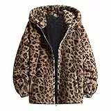 MaNMaNing Cappotto Donna Giacca Invernale Capispalla da donna con cappuccio con cerniera in pile fuzzy leopardato a maniche lunghe con tasca